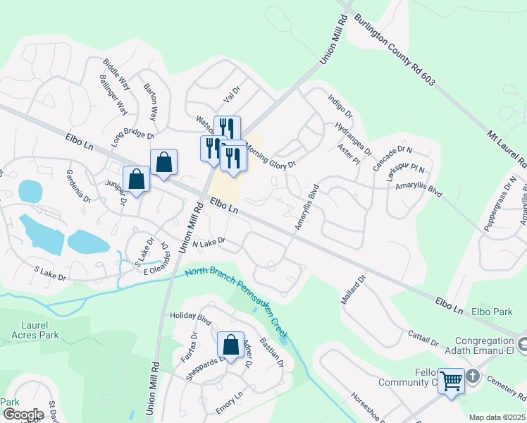 map of restaurants, bars, coffee shops, grocery stores, and more near 110 Elbo Lane in Mount Laurel Township