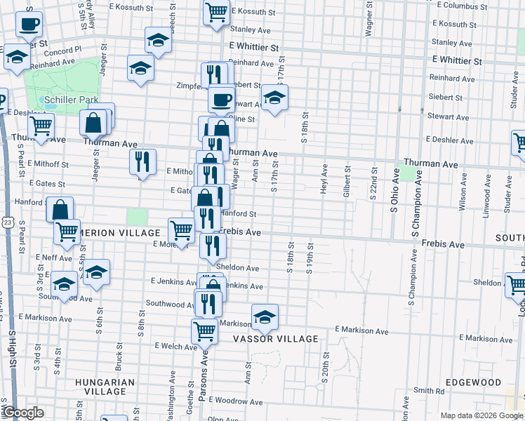map of restaurants, bars, coffee shops, grocery stores, and more near 575 Hanford Street in Columbus