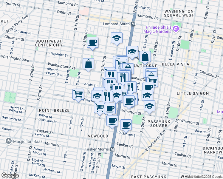 map of restaurants, bars, coffee shops, grocery stores, and more near 1155 South 15th Street in Philadelphia