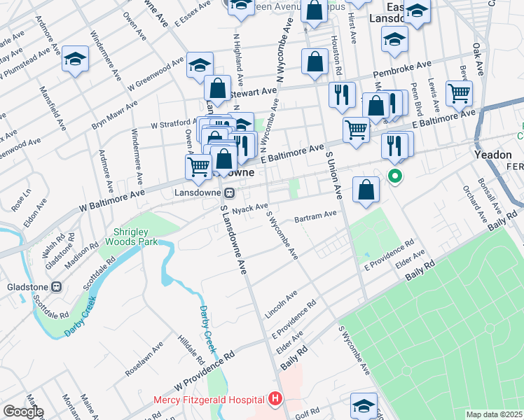 map of restaurants, bars, coffee shops, grocery stores, and more near 48 South Wycombe Avenue in Lansdowne