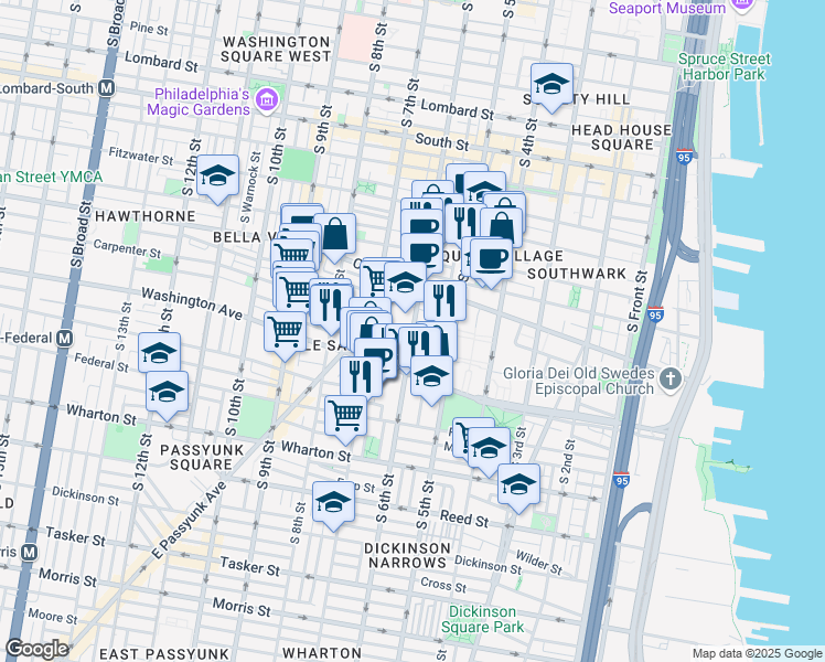 map of restaurants, bars, coffee shops, grocery stores, and more near 601 Carpenter Street in Philadelphia