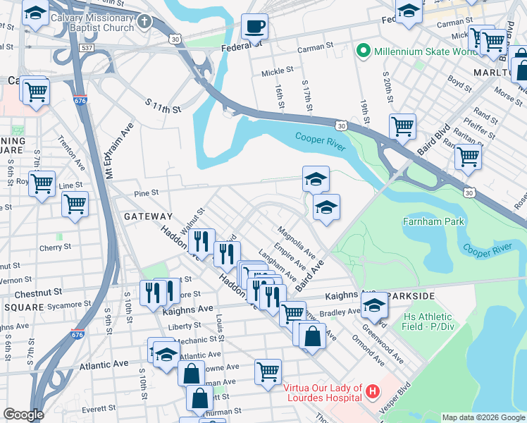 map of restaurants, bars, coffee shops, grocery stores, and more near 1124-1130 Magnolia Avenue in Camden