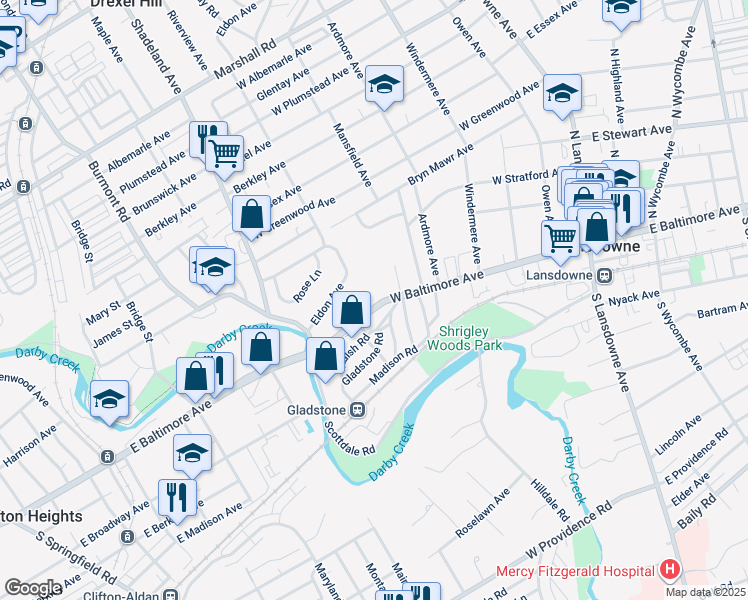 map of restaurants, bars, coffee shops, grocery stores, and more near 213 West Baltimore Avenue in Lansdowne