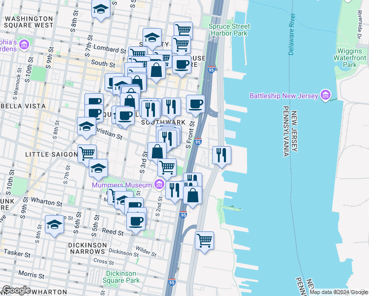 map of restaurants, bars, coffee shops, grocery stores, and more near 832 South Front Street in Philadelphia