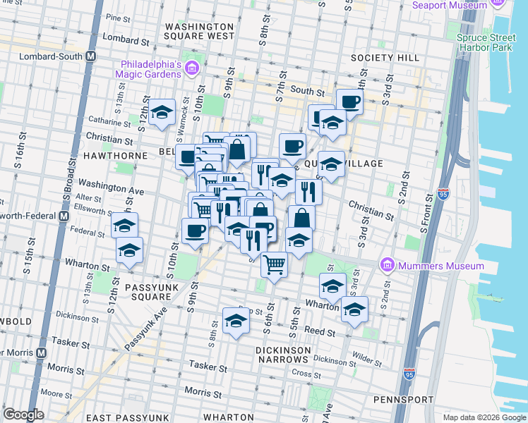 map of restaurants, bars, coffee shops, grocery stores, and more near 620 Kimball Street in Philadelphia