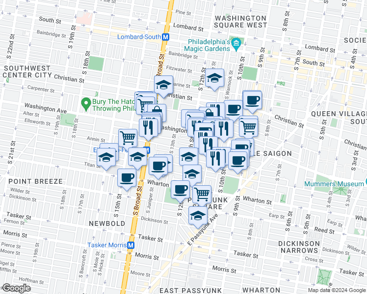 map of restaurants, bars, coffee shops, grocery stores, and more near 1202 Ellsworth Street in Philadelphia