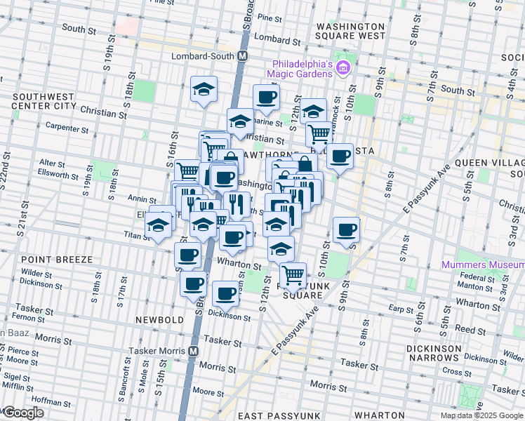 map of restaurants, bars, coffee shops, grocery stores, and more near 1148 South 13th Street in Philadelphia