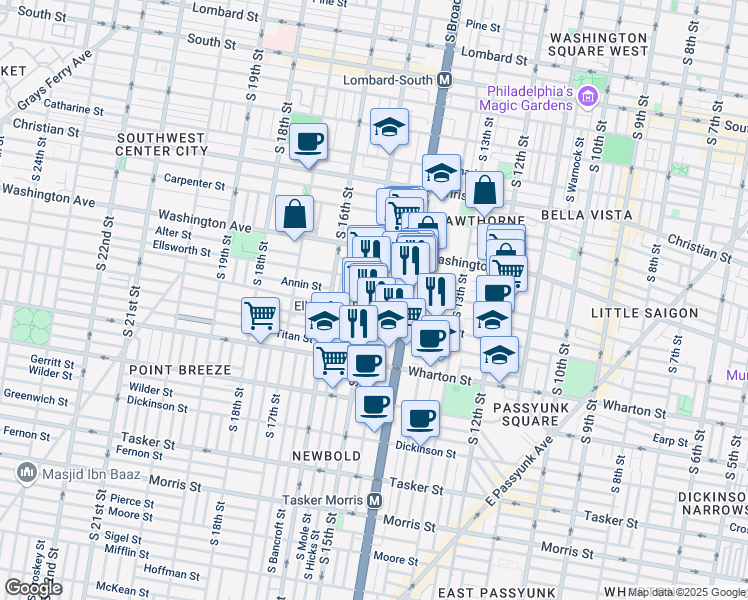 map of restaurants, bars, coffee shops, grocery stores, and more near 1155 South 15th Street in Philadelphia