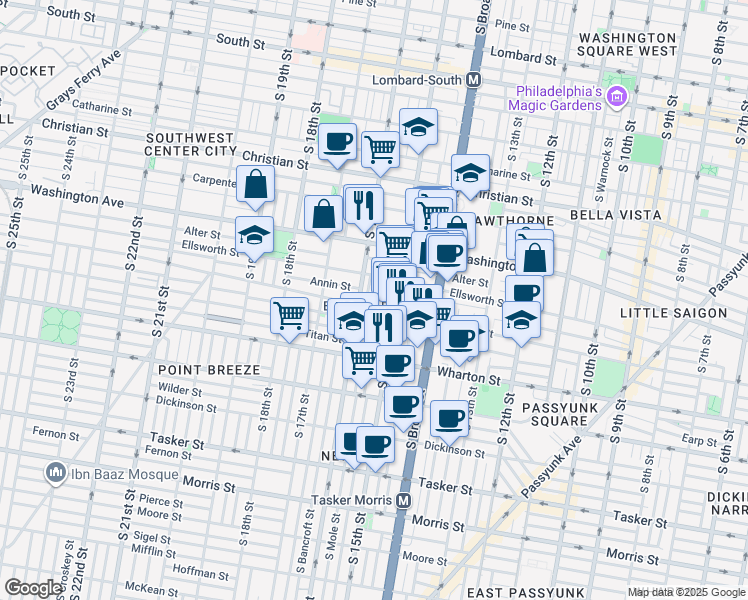 map of restaurants, bars, coffee shops, grocery stores, and more near 1510 Federal Street in Philadelphia