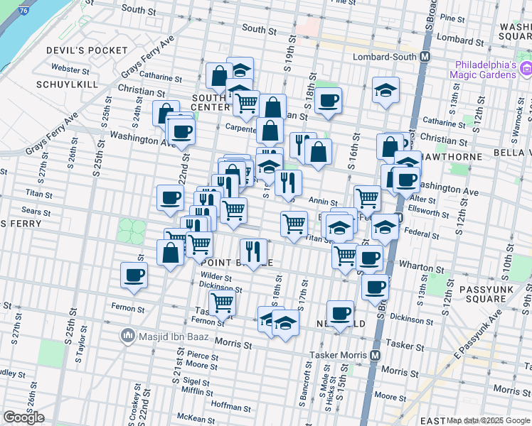 map of restaurants, bars, coffee shops, grocery stores, and more near 1234 South 19th Street in Philadelphia