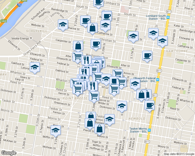 map of restaurants, bars, coffee shops, grocery stores, and more near in Philadelphia