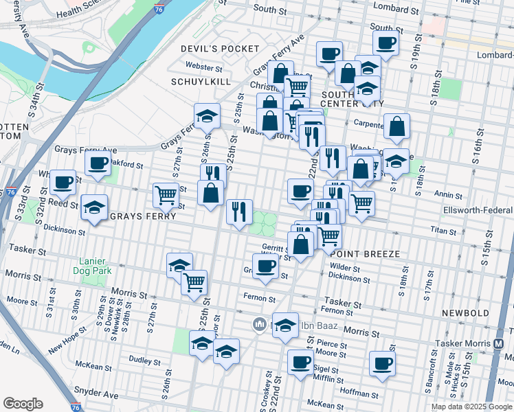 map of restaurants, bars, coffee shops, grocery stores, and more near 2337 Wharton Street in Philadelphia