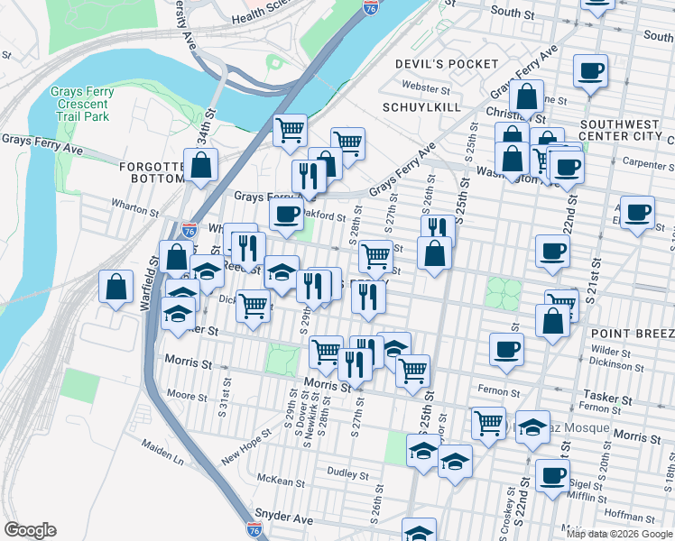 map of restaurants, bars, coffee shops, grocery stores, and more near in Philadelphia