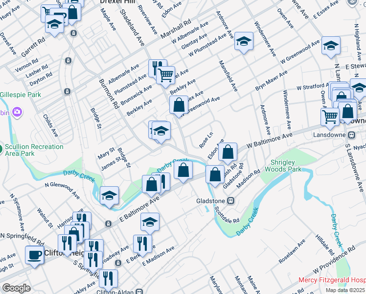 map of restaurants, bars, coffee shops, grocery stores, and more near in Drexel Hill