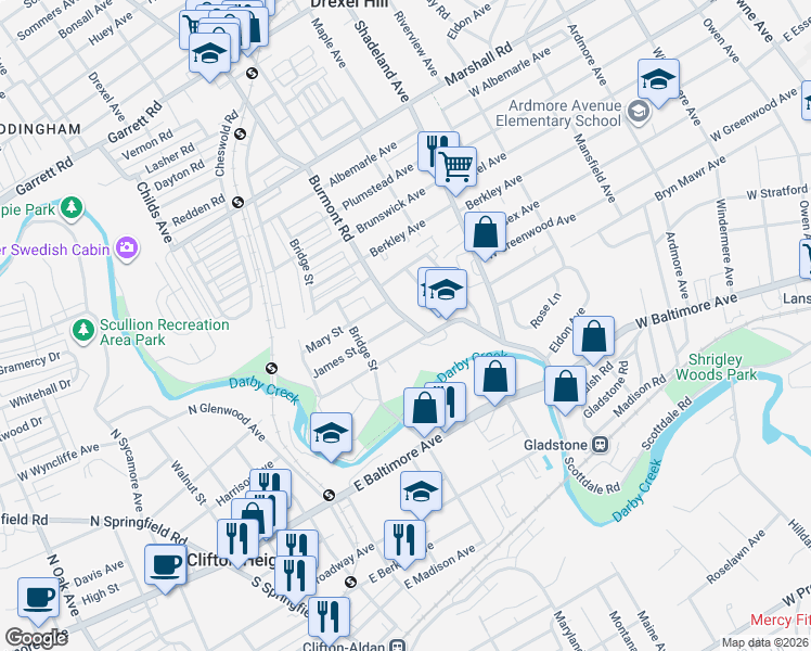 map of restaurants, bars, coffee shops, grocery stores, and more near 3809 Dennison Avenue in Drexel Hill