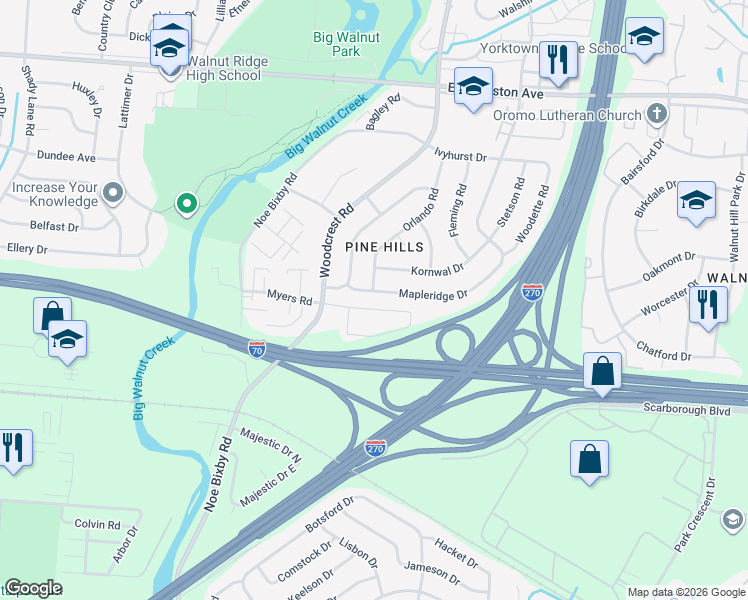 map of restaurants, bars, coffee shops, grocery stores, and more near 5119 Cedar Drive in Columbus