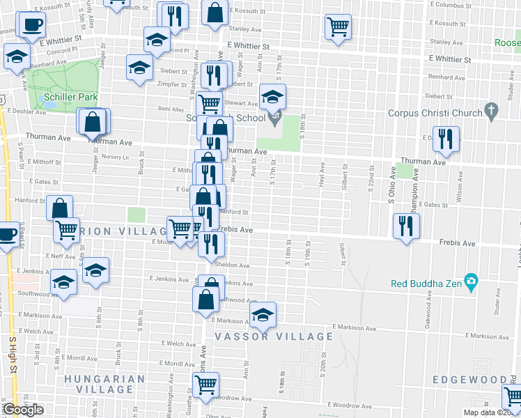map of restaurants, bars, coffee shops, grocery stores, and more near 575 Hanford Street in Columbus