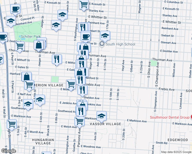 map of restaurants, bars, coffee shops, grocery stores, and more near 517 Hanford Street in Columbus