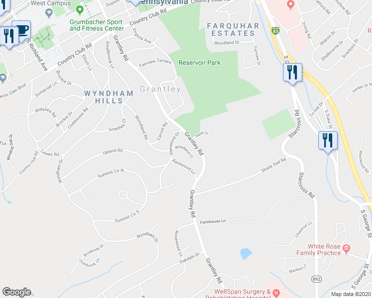 map of restaurants, bars, coffee shops, grocery stores, and more near 99 Woodland Court in York