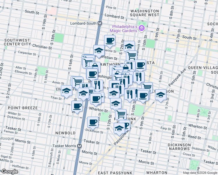 map of restaurants, bars, coffee shops, grocery stores, and more near 1202 Ellsworth Street in Philadelphia
