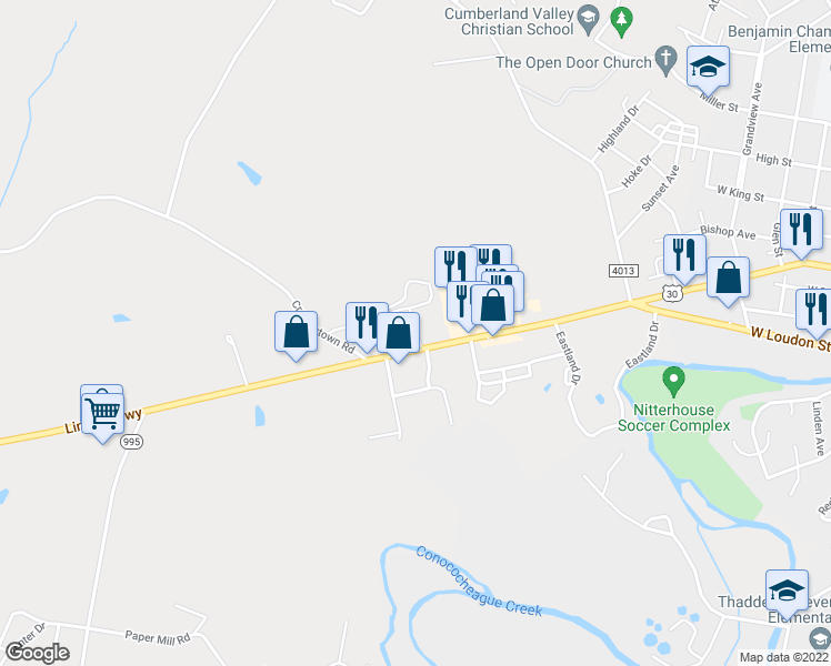 map of restaurants, bars, coffee shops, grocery stores, and more near 925 Park Circle in Chambersburg