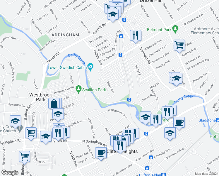 map of restaurants, bars, coffee shops, grocery stores, and more near 200 Blythe Avenue in Upper Darby