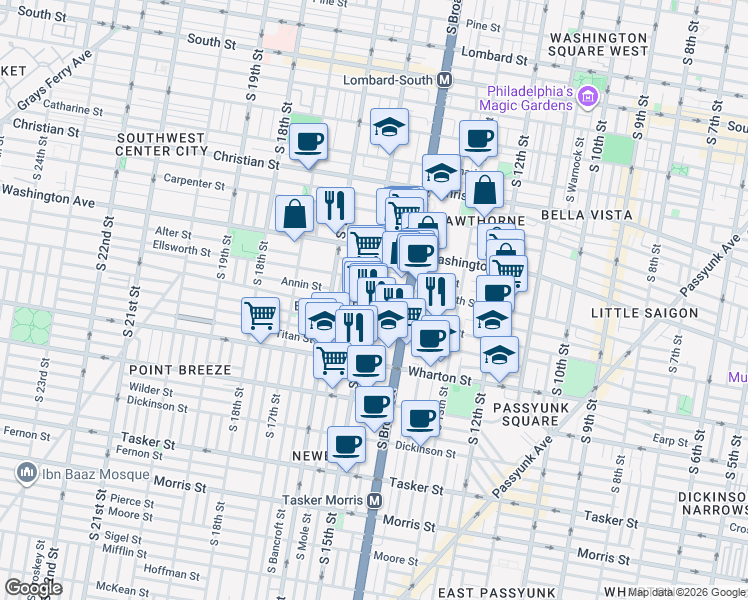 map of restaurants, bars, coffee shops, grocery stores, and more near 1172 South Broad Street in Philadelphia