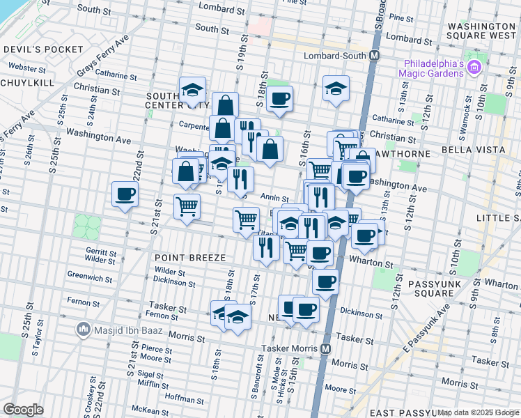 map of restaurants, bars, coffee shops, grocery stores, and more near 1708 Federal Street in Philadelphia