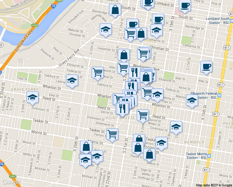 map of restaurants, bars, coffee shops, grocery stores, and more near 2225 Titan Street in Philadelphia