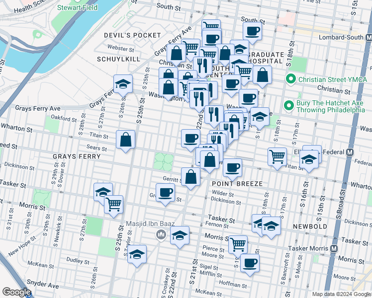 map of restaurants, bars, coffee shops, grocery stores, and more near 2225 Titan Street in Philadelphia