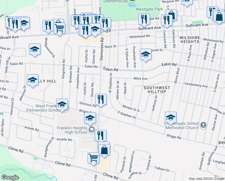 map of restaurants, bars, coffee shops, grocery stores, and more near 882 South Stephen Drive in Columbus
