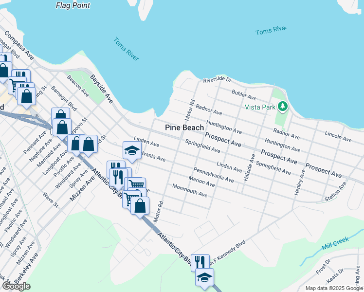 map of restaurants, bars, coffee shops, grocery stores, and more near 620 Motor Road in Pine Beach