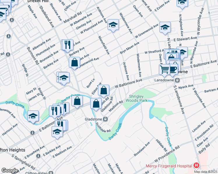 map of restaurants, bars, coffee shops, grocery stores, and more near 213 West Baltimore Avenue in Lansdowne