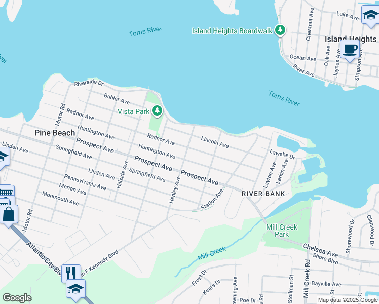 map of restaurants, bars, coffee shops, grocery stores, and more near 818 Huntington Avenue in Pine Beach