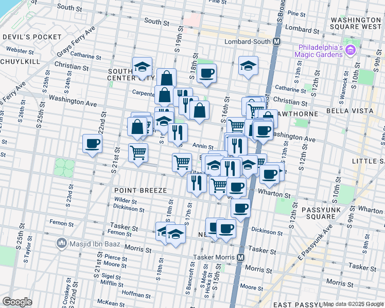 map of restaurants, bars, coffee shops, grocery stores, and more near 1708 Federal Street in Philadelphia