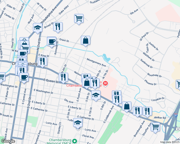 map of restaurants, bars, coffee shops, grocery stores, and more near 552 East King Street in Chambersburg