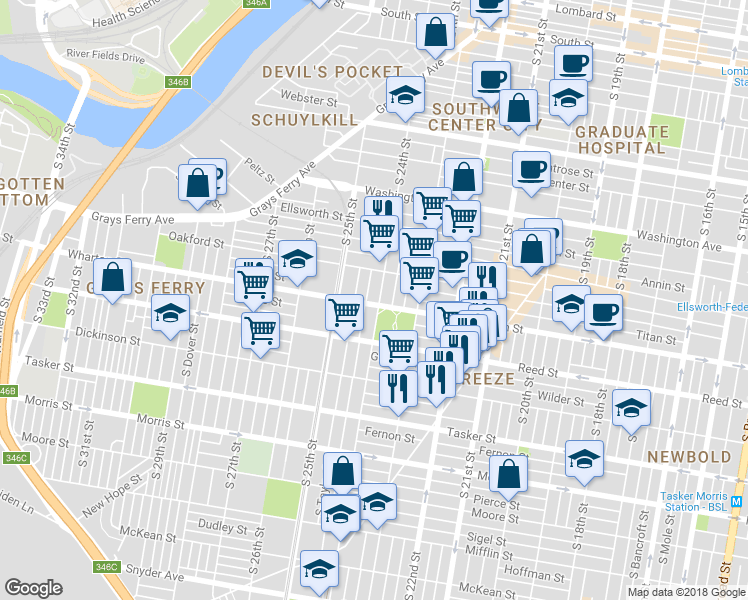map of restaurants, bars, coffee shops, grocery stores, and more near 2405 Wharton Street in Philadelphia
