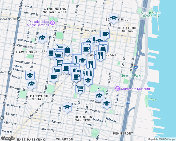 map of restaurants, bars, coffee shops, grocery stores, and more near 525 Carpenter Street in Philadelphia