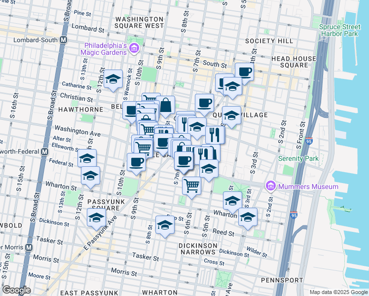 map of restaurants, bars, coffee shops, grocery stores, and more near 1007 South 7th Street in Philadelphia