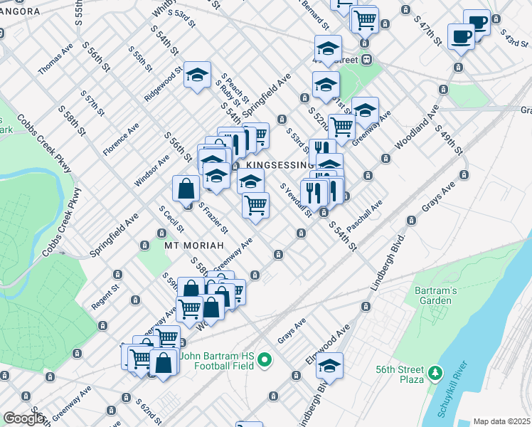 map of restaurants, bars, coffee shops, grocery stores, and more near 5518 Upland Street in Philadelphia