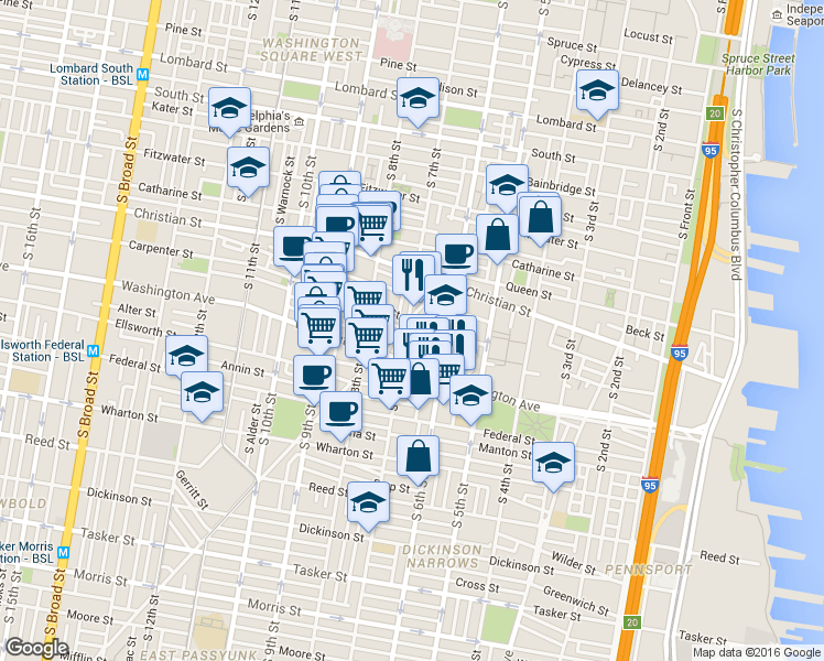 map of restaurants, bars, coffee shops, grocery stores, and more near 1007 South 7th Street in Philadelphia