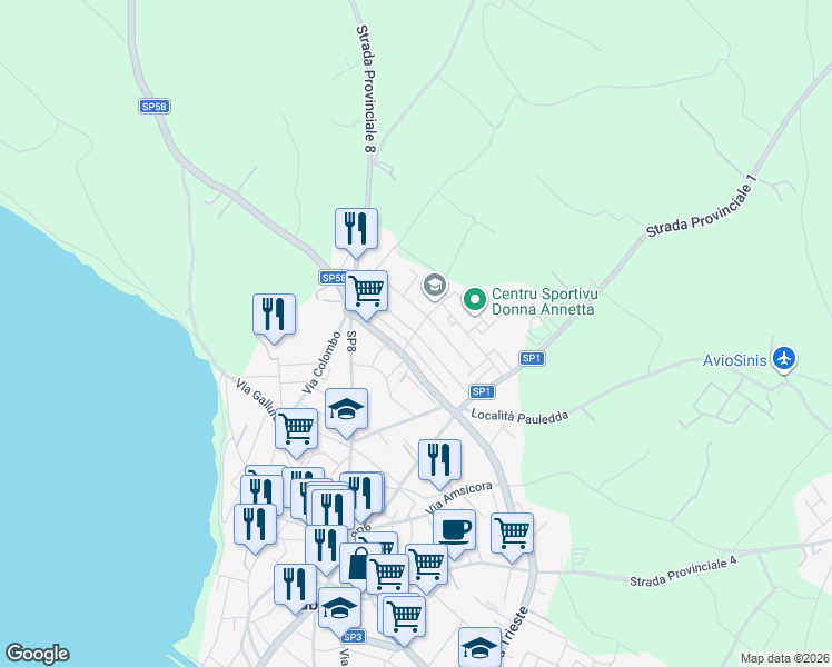 map of restaurants, bars, coffee shops, grocery stores, and more near Via J. F. Kennedy in Cabras
