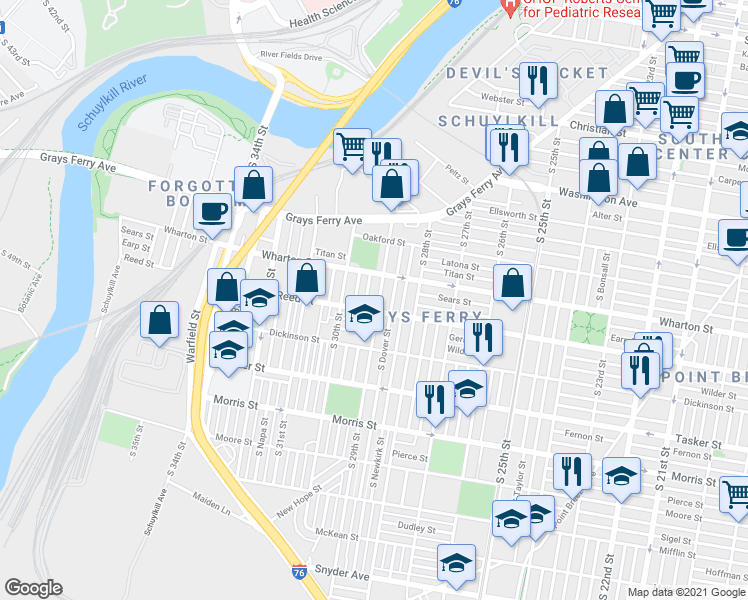 map of restaurants, bars, coffee shops, grocery stores, and more near 1340 South 29th Street in Philadelphia