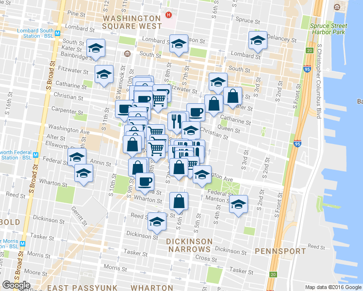 map of restaurants, bars, coffee shops, grocery stores, and more near 628 Carpenter Street in Philadelphia