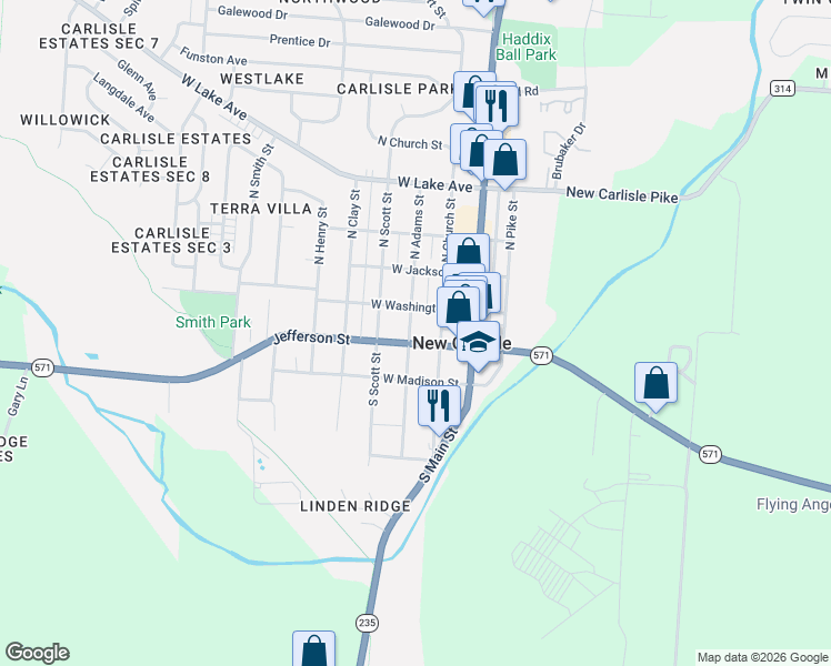 map of restaurants, bars, coffee shops, grocery stores, and more near 206 W Jefferson St in New Carlisle