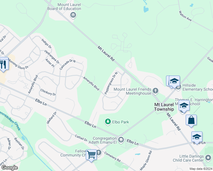 map of restaurants, bars, coffee shops, grocery stores, and more near 47 Peppergrass Drive North in Mount Laurel Township