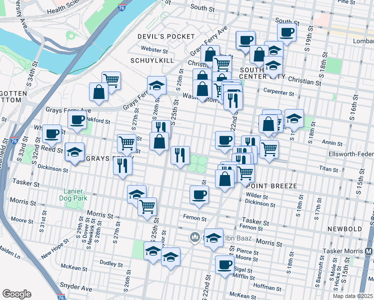 map of restaurants, bars, coffee shops, grocery stores, and more near 2405 Wharton Street in Philadelphia