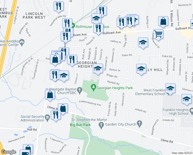 map of restaurants, bars, coffee shops, grocery stores, and more near 784 Georgian Drive in Columbus