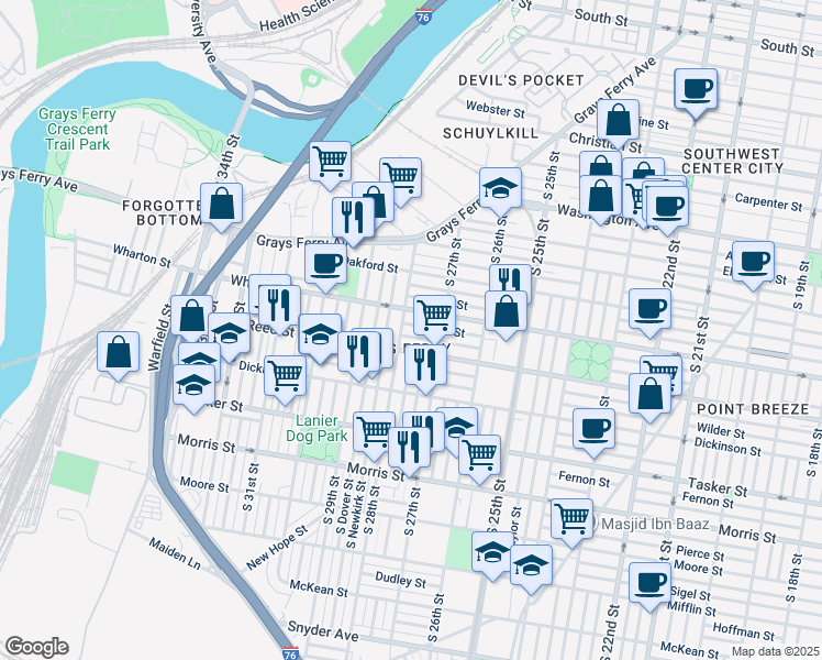 map of restaurants, bars, coffee shops, grocery stores, and more near 2741 Earp Street in Philadelphia