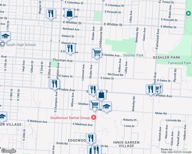map of restaurants, bars, coffee shops, grocery stores, and more near 1440 Studer Avenue in Columbus